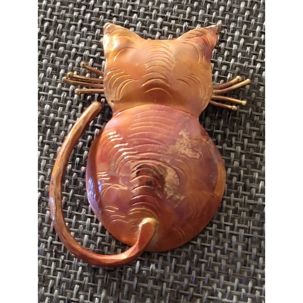 Artisan Handcrafted Copper Cat Pendant Looking Back Whimsical Jewelry Kitty 2"